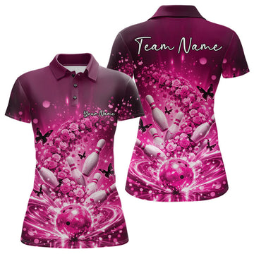 Custom Elegant Pink Roses And Butterfly Women Bowling Shirt, Flower Bowling League Shirt LM1203