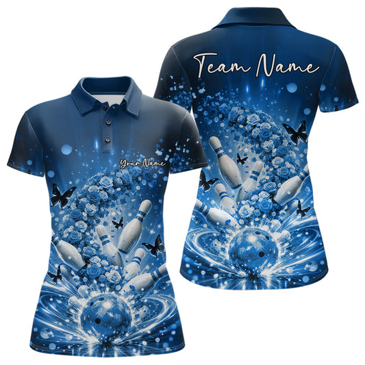 Custom Elegant Blue Roses And Butterfly Women Bowling Shirt, Flower Bowling League Shirt LM1203