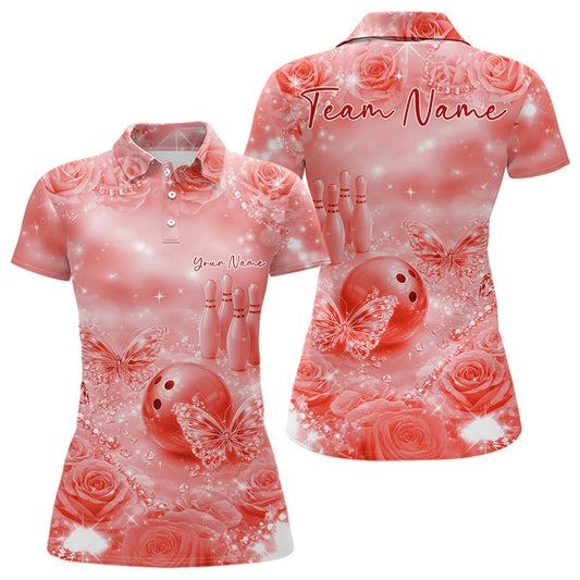 Custom Elegant Red Roses And Butterfly Women Bowling Polo Shirts, Ladies Outfit LM1203