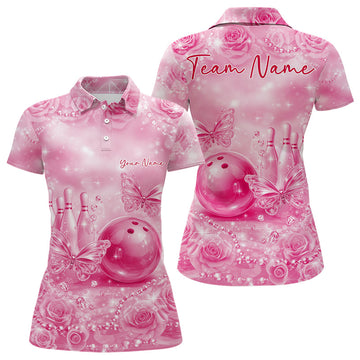 Custom Elegant Pink Roses And Butterfly Women Bowling Polo Shirts, Ladies Outfit 9 LM1203