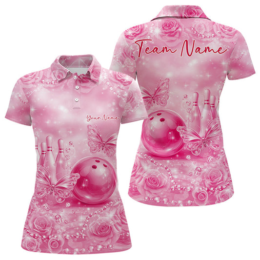 Custom Elegant Pink Roses And Butterfly Women Bowling Polo Shirts, Ladies Outfit 9 LM1203