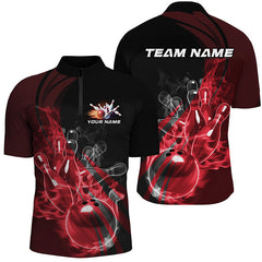 Maxcorners Black And Red Custom Flame Bowling Team Shirts For Men, Bowling Polo Bowling League Shirts