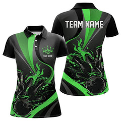 Maxcorners Custom Black And Green Flame Bowling Polo Shirts For Men, Fire Bowling Team Shirt
