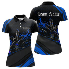 Maxcorners Custom Black And Blue Flame Bowling Polo Shirts For Men, Fire Bowling Team Shirt