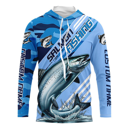 Maxcorners Custom Chinook Salmon Fishing Long Sleeve Shirts, King Salmon Saltwater Fishing Jerseys | Blue Camo LM0201