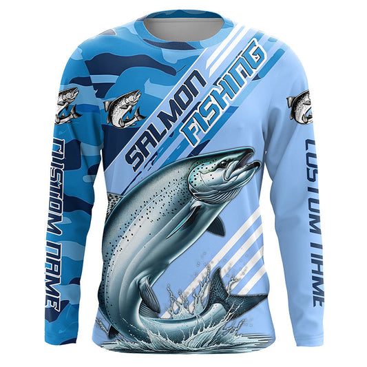 Maxcorners Custom Chinook Salmon Fishing Long Sleeve Shirts, King Salmon Saltwater Fishing Jerseys | Blue Camo LM0201