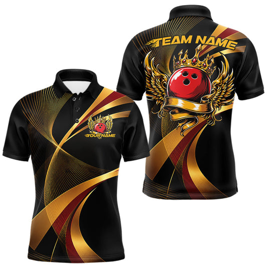 Maxcorners Red And Gold Bowling Ball With Wings And Crown Custom Men Polo Shirts Bowling Jerseys LM1005