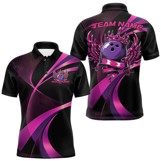 Maxcorners Pink And Purple Bowling Ball With Wings And Crown Custom Men Polo Shirts Bowling Jerseys LM1005