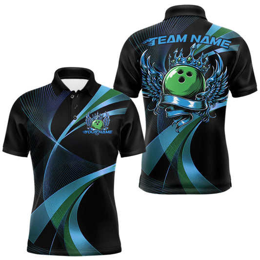 Maxcorners Blue And Green Bowling Ball With Wings And Crown Custom Men Polo Shirts Bowling Jerseys LM1005