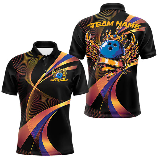 Maxcorners Blue And Gold Bowling Ball With Wings And Crown Custom Men Polo Shirts Bowling Jerseys LM1005