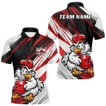 Maxcorners Custom Funny Crazy Chicken Bowling Team Men Polo Shirt, Red Chicken Bowling Jerseys LM1307