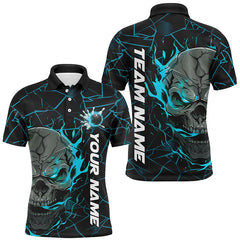 Maxcorners Bowling Ball And Pins Cyan Flame Skull  Customized Name, Team Anme 3D Polo Shirt