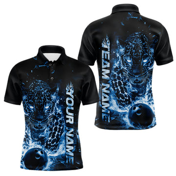 Maxcorners Custom Blue Flaming Leopard Men Bowling Shirts, Fire Bowling Team Shirt Bowler Uniform LM2602