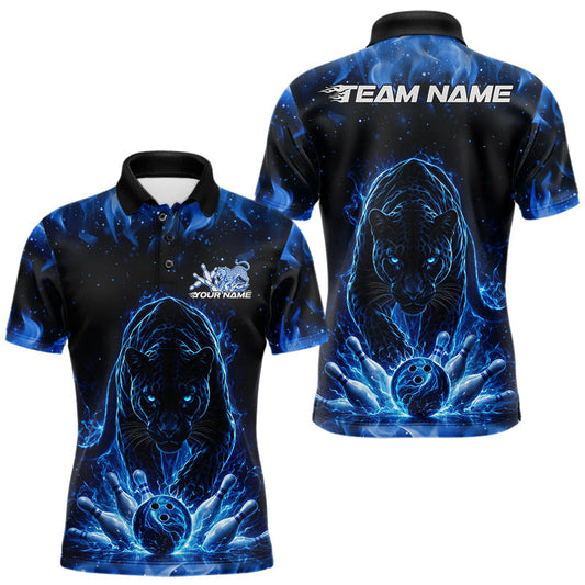 Maxcorners Custom Black And Blue Flame Leopard Bowling Men Polo Shirt, Bowling League Team Shirt LM1104