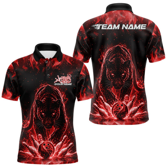 Maxcorners Custom Black And Red Flame Leopard Bowling Men Polo Shirt, Bowling League Team Shirt LM1104