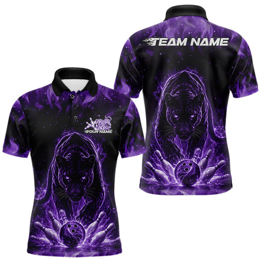 Maxcorners Custom Black And Purple Flame Leopard Bowling Men Polo Shirt, Bowling League Team Shirt LM1104