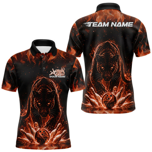 Maxcorners Custom Black And Orange Flame Leopard Bowling Men Polo Shirt, Bowling League Team Shirt LM1104