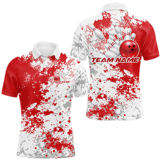 Maxcorners Custom Red Splatter Bowling Team Men Polo Shirt, Bowling League Shirt Bowler Jerseys