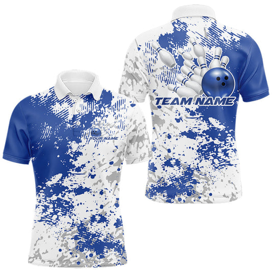 Maxcorners Custom Blue Splatter Bowling Team Men Polo Shirt, Bowling League Shirt Bowler Jerseys