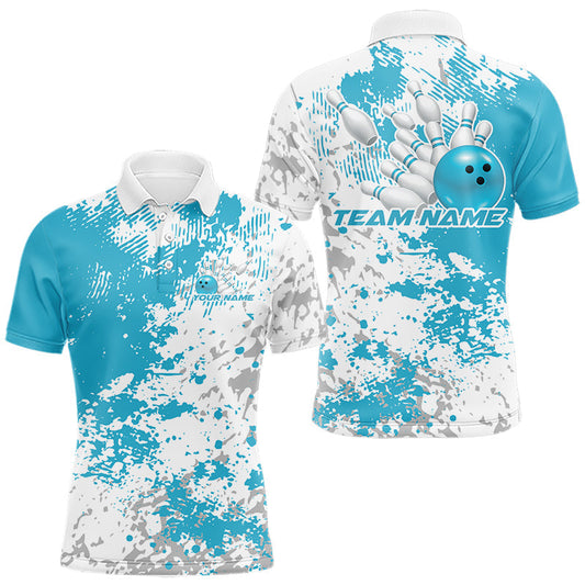 Maxcorners Custom Teal Blue Splatter Bowling Team Men Polo Shirt, Bowling League Shirt Bowler Jerseys