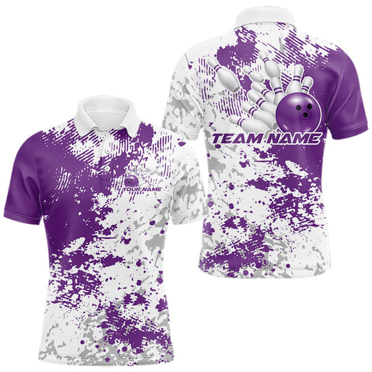 Maxcorners Custom Purple Splatter Bowling Team Men Polo Shirt, Bowling League Shirt Bowler Jerseys