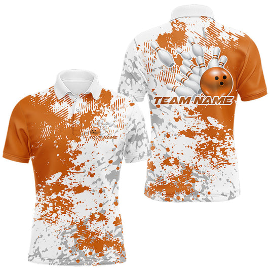 Maxcorners Custom Orange Splatter Bowling Team Men Polo Shirt, Bowling League Shirt Bowler Jerseys