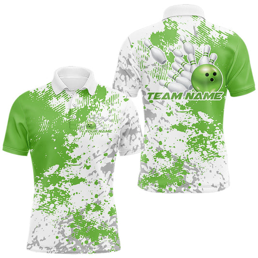 Maxcorners Custom Green Splatter Bowling Team Men Polo Shirt, Bowling League Shirt Bowler Jerseys