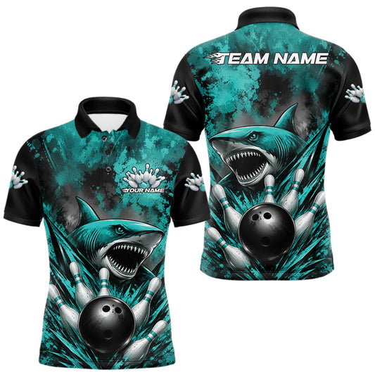 Maxcorners Custom Black And Turquoise Blue Shark Bowling Jerseys Team Polo Shirt For Men LM1705