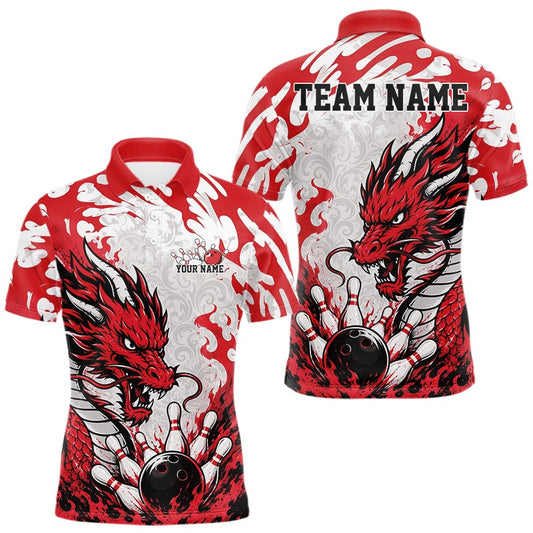 Maxcorners Custom Red Flame Dragon Bowling Team Men Polo Shirts, Bowling Tournament Shirt LM1705