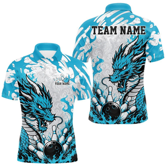 Maxcorners Custom Cyan Blue Flame Dragon Bowling Team Men Polo Shirts, Bowling Tournament Shirt LM1705