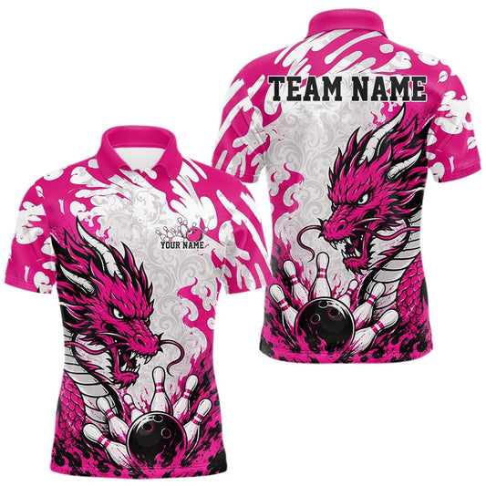 Maxcorners Custom Pink Flame Dragon Bowling Team Men Polo Shirts, Bowling Tournament Shirt LM1705