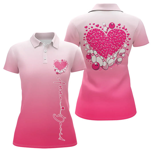 Maxcorners Custom Pink Bowling Heart Polo Shirts For Men And Women Valentine Bowling Couple Outfits