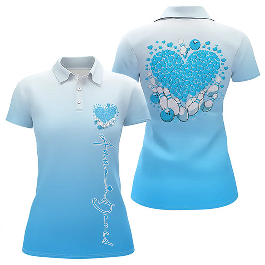 Maxcorners Custom Blue Bowling Heart Polo Shirts For Men And Women Valentine Bowling Couple Outfits