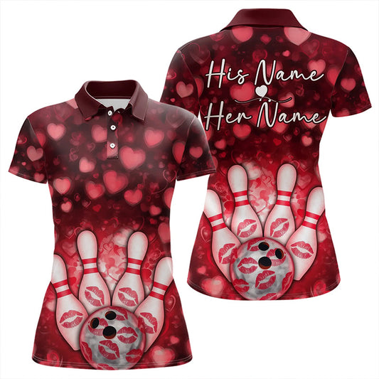 Maxcorners Black And Red Heart Theme Custom Valentines Bowling Polo Shirt For Men And Women Bowling Couple Outfit