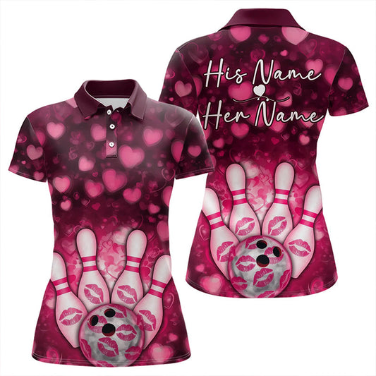 Maxcorners Black And Pink Heart Custom Valentines Bowling Polo Shirt For Men And Women Bowling Couple Outfit