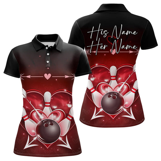 Maxcorners Custom Valentine Bowling Heart Polo Shirts For Men And Women Couple Bowling Outfits