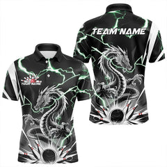 Maxcorners Custom Black And Green Thunder Lightning Dragon Bowling Team Polo Shirts For Men