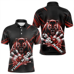 Maxcorners Custom Black And Red Panther Bowling Polo Shirts For Men, Bowling Team Uniform