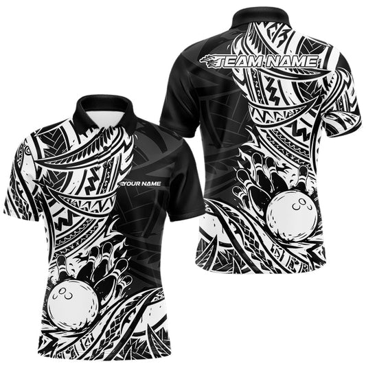 Custom Black And White Maori Style Koru Spiral Tribal Men Bowling Polo Team Shirt LM1203