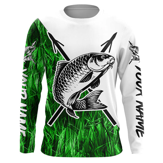 Maxcorners Carp Fish Bowfishing Shirts, Custom Carp Bow Fishing Long Sleeve Tournament Shirts | Green Camo LM0201