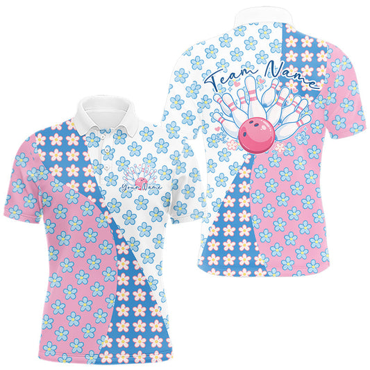 Maxcorners Custom Cute Pastel Pink And Blue Flower Bowling Men Polo Shirts, Floral Bowling Jerseys