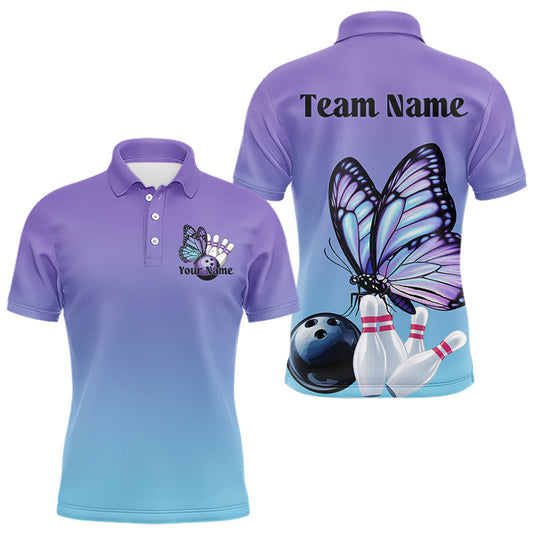 Maxcorners Custom Blue And Purple Gradient Butterfly Unisex Bowling Polo Shirts, Bowling Team Shirt LM1005