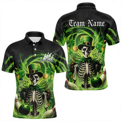 Maxcorners Custom Green St Patricks Day Skull Bowling Polo & Quarter Zip Shirt For Men And Women, Shamrock Bowling Shirt