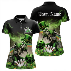 Maxcorners Custom Green Flame Skull Saint Patrick Day Bowling Polo Shirts For Men And Women, Shamrock Bowling