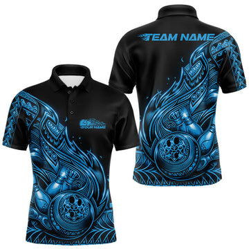 Maxcorners Custom Black And Blue Tribal Flame Bowling Men Polo Shirts, Polynesian Bowler Outfit