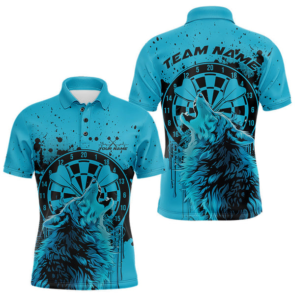 Maxcorners Custom Grunge Splatter Blue Wolf Dart Men Polo Shirt, Wolf Dart Team Jerseys LM1610