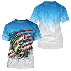 Maxcorners Custom Patriotic Largemouth Bass Long Sleeve Fishing Shirts, Blue American Flag Us Fishing Shirt MT2108