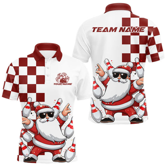 Maxcorners Custom Funny Santa Claus Red Plaid Christmas Bowling Men Polo Shirts, Xmas Bowling Team Shirt LM2603