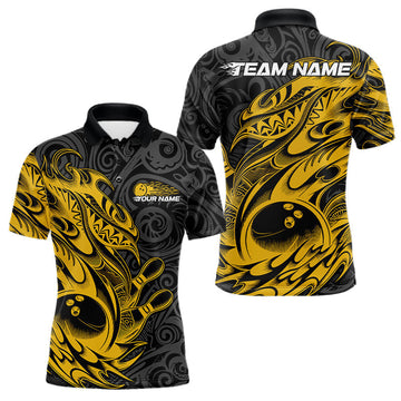 Maxcorners Custom Black And Yellow Tribal Polynesian Bowling Team Men Shirts, Niho Mano Bowling Shirt LM2602