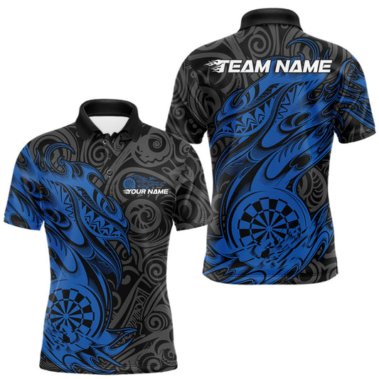 Maxcorners Custom Black And Blue Tribal Polynesian Dart Team Men Shirts, Niho Mano Dart Shirt LM2602